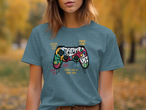 Graffiti-style gamepad graphic with motivational text: "Never Give Up," "Press Start," "Level Up!"