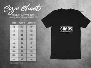 Bella + Canvas 3001 unisex t-shirt size chart with width and length measurements.