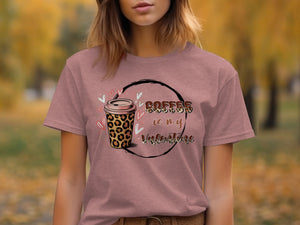 Pink t-shirt with "Coffee is my Valentine" and leopard print coffee cup graphic.