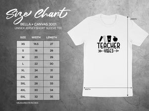 Bella + Canvas 3001 unisex t-shirt size chart measuring width and length in inches.