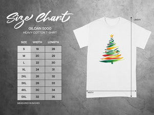 Gildan 5000 Heavy Cotton T-Shirt size chart with width and length measurements in inches.
