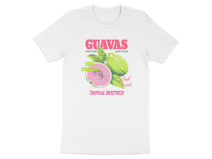 White t-shirt with "GUAVAS" graphic: 100% Fragrant, Pink Inside, Tropical Sweetness.