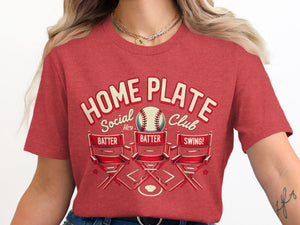 T-shirt graphic: "Home Plate Social Club," baseball, director chairs.