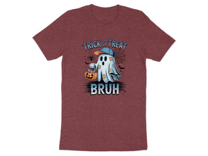 Ghost with trick or treat basket and "BRUH" text, wearing a baseball cap.