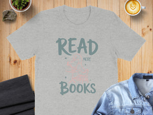 Grey t-shirt with "READ MORE BOOKS" text and a dinosaur graphic.