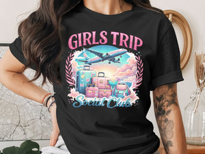 Girls Trip Social Club graphic with airplane, luggage, and cocktail.