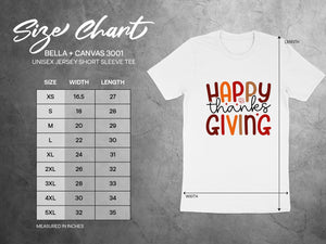 Size chart for Bella + Canvas 3001 unisex jersey short sleeve tee, with measurements in inches.