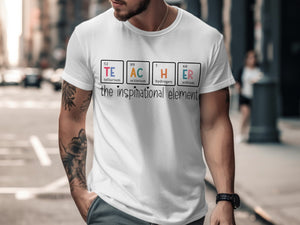 White t-shirt with "TEACHER" in periodic table elements and "the inspirational element" text.