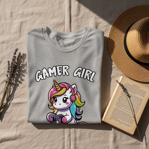 Grey t-shirt with a "Gamer Girl" unicorn graphic holding a game controller.