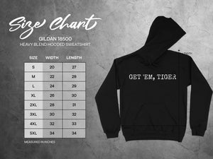 Gildan 18500 Heavy Blend Hooded Sweatshirt size chart with width and length measurements in inches.