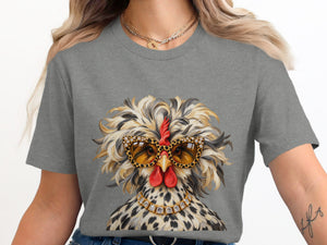 Grey t-shirt with a detailed illustration of a fancy chicken wearing sunglasses and a diamond necklace.