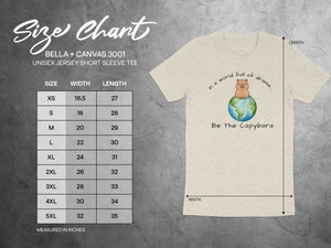 BELLA + CANVAS 3001 size chart for unisex short sleeve tee with capybara graphic.