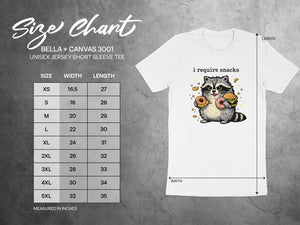Size chart for Bella + Canvas 3001 unisex tee with raccoon graphic.