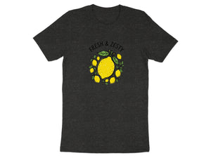 Dark t-shirt with a circular lemon and leaf design and text "Fresh & Zesty".