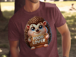 Cute cartoon hedgehog holding a wooden sign that says "FOOD LOVER".
