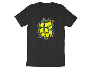 Dark t-shirt featuring a colorful lemon and floral wreath graphic.