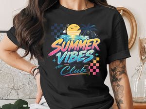 Black t-shirt with "Summer Vibes Social Club" retro graphic and checkered pattern.