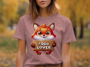 Cute cartoon fox holding wooden sign with "FOOD LOVER" text.
