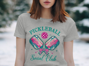Grey t-shirt with pickleball paddles, ball, and "Pickleball Social Club" text.