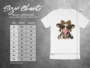 BELLA + CANVAS 3001 unisex short sleeve tee size chart with measurements.