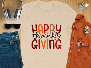 Light beige t-shirt with "Happy Thanksgiving" text in colorful block letters.