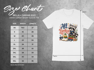 Size chart for Bella + Canvas 3001 unisex short sleeve tee with raccoon graphic.