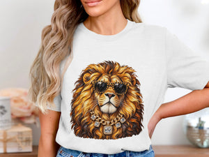 Lion head wearing sunglasses and gold chain on a white t-shirt.
