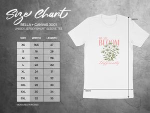 BELLA + CANVAS 3001 unisex t-shirt size chart with measurements in inches.