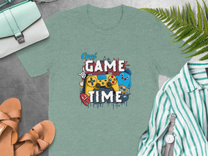 T-shirt with "Cool Game Time" text, video game controller and cartoon characters.