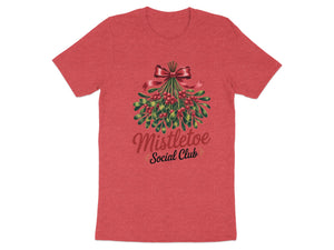 Red t-shirt with a mistletoe bouquet and text that reads "Mistletoe Social Club".