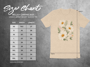 Bella + Canvas 3001 unisex tee size chart with width and length measurements in inches.