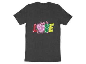 Dark gray t-shirt with colorful text and heart graphic.