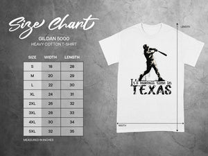 Gildan 5000 Heavy Cotton T-Shirt size chart with width and length measurements in inches.