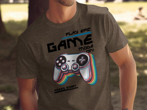 Brown t-shirt with "GAME MODE ON" text and a stylized video game controller.