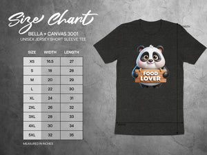 Size chart for Bella + Canvas 3001 unisex jersey tee with panda graphic.