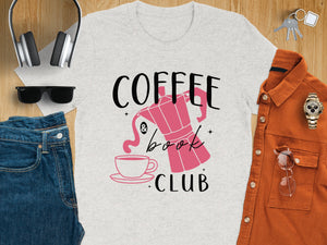Grey t-shirt with pink coffee pot, cup, and text "Coffee & book CLUB".