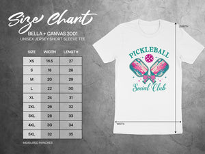 Size chart for Bella + Canvas 3001 unisex short sleeve tee, measured in inches.