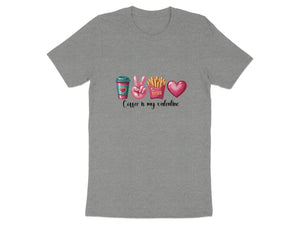 Grey t-shirt with coffee cup, peace sign, fries, and heart graphic. "Coffee is my valentine" text.