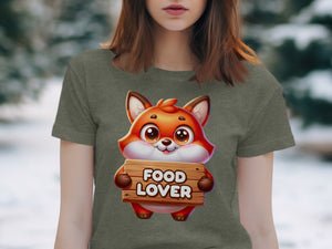Cartoon fox character with text "FOOD LOVER" on a wooden sign.