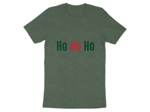 Dark green t-shirt with red and green "Ho Ho Ho" text.