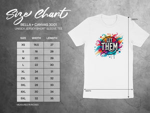 Size chart for Bella + Canvas 3001 unisex tee with width and length measurements.
