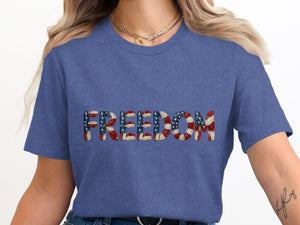 Blue t-shirt with "FREEDOM" text in American flag pattern.