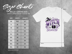 Bella + Canvas 3001 unisex t-shirt size chart with "Witch Social Club" graphic.