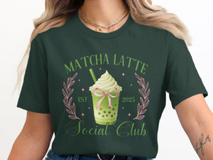 Dark green t-shirt with "Matcha Latte Social Club" text and a bubble tea graphic.