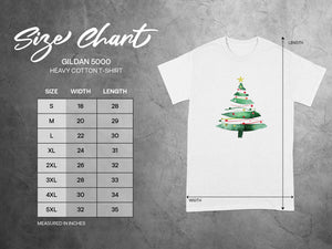 Gildan 5000 Heavy Cotton T-Shirt size chart with measurements for width and length.