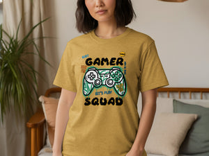 Yellow t-shirt with "Gamer Squad Let's Play" and pixelated controller design