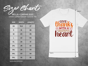 Bella+Canvas 3001 size chart for unisex jersey short sleeve tee with measurements in inches.