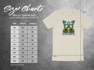 Bella + Canvas 3001 size chart with t-shirt design of butterfly and sunflowers.