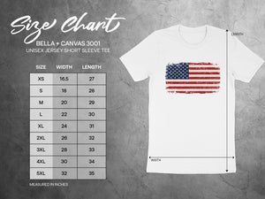 BELLA + CANVAS 3001 unisex jersey short sleeve tee size chart with measurements in inches.