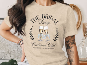 Bridal Party Exclusive Club t-shirt with champagne glasses and text.